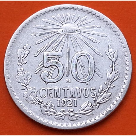 MEXICO 50 CENTAVOS 1921 AGUILA y VALOR KM.447 MONEDA DE PLATA MBC- Mejico Mexiko silver coin