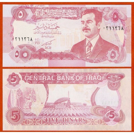 IRAK 5 DINARES 1992 SADAM HUSSEIN Color Rojo Pick 80 BILLETE SIN CIRCULAR Iraq UNC BANKNOTE