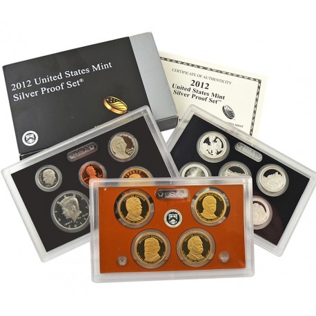 2012 UNITED STATES MINT SILVER PROOF SET 14 COINS ESTADOS UNIDOS 1+5+10+25 CENTAVOS + 1/2 DOLAR + 1 DOLAR PLATA
