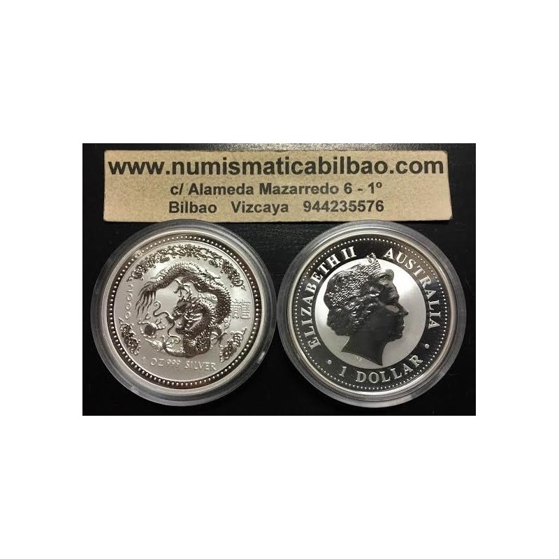 AUSTRALIA 1 DOLAR 2000 AÑO DEL DRAGON 1ª SERIE LUNAR MONEDA DE PLATA $1 dollar silver OZ ONZA OUNCE @RARA@