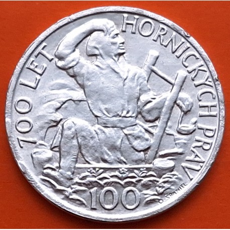CHECOSLOVAQUIA 100 KORUN 1949 TRABAJADOR JIHLAVA KM.29 MONEDA DE PLATA MBC++ Czechoslovakia 100 Coronas silver