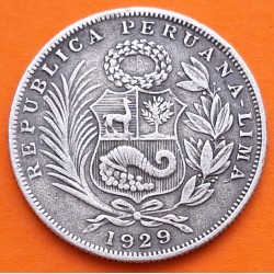 @ESCASA@ PERU 1/2 SOL 1929 DAMA SENTADA y ESCUDO KM.216 MONEDA DE PLATA BAJA República Peruana