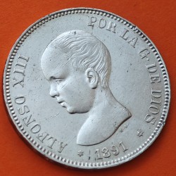 ESPAÑA 5 PESETAS 1891 * 18 91 PGM REY ALFONSO XIII KM.689 MONEDA DE PLATA (DURO) Spain silver R/3
