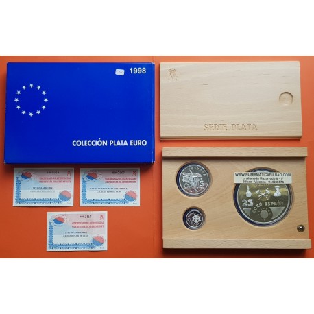 . 3 monedas x ESPAÑA 1 EURO 1998 + 5 EUROS 1998 + 25 EUROS 1998 HOMENAJE AL EJERCITO ESPAÑOL PLATA ESTUCHE FNMT 6,20 ONZAS