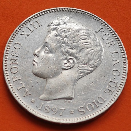 @MUY BONITA@ ESPAÑA 5 PESETAS 1897 * 18 97 SGV REY ALFONSO XIII KM.707 MONEDA DE PLATA (DURO - RAYAS) Spain R/1