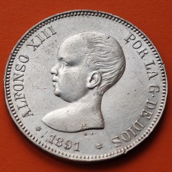ESPAÑA 5 PESETAS 1891 * 18 91 PGM REY ALFONSO XIII KM.689 MONEDA DE PLATA (DURO) Spain silver R/3