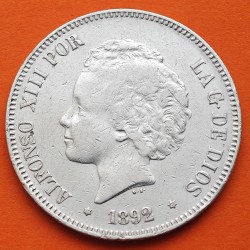 ESPAÑA 5 PESETAS 1892 * 18 92 PGM REY ALFONSO XIII tipo "RIZOS" KM.700 MONEDA DE PLATA (DURO) Spain silver R/3