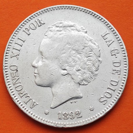 ESPAÑA 5 PESETAS 1892 * 18 92 PGM REY ALFONSO XIII tipo "RIZOS" KM.700 MONEDA DE PLATA (DURO) Spain silver R/3
