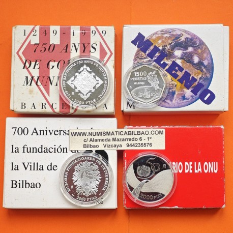 . 4 monedas x ESPAÑA 1500 PESETAS 1999 MILENIO + 2000 PESETAS 1995 + 1999 + 2000 ONU BARCELONA VILLA DE BILBAO 3 ONZAS PLATA 999