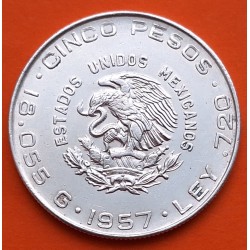 @LIMPIADA@ MEXICO 5 PESOS 1957 BUSTO HIDALGO y ESCUDO KM.469 MONEDA DE PLATA MBC Mejico silver coin 0,42 ONZAS