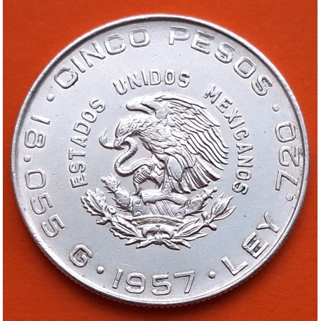 @LIMPIADA@ MEXICO 5 PESOS 1957 BUSTO HIDALGO y ESCUDO KM.469 MONEDA DE PLATA MBC Mejico silver coin 0,42 ONZAS