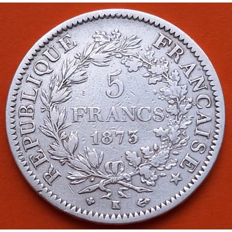 FRANCIA 5 FRANCOS 1873 K Ceca de BURDEOS TRES GRACIAS KM.820.1 MONEDA DE PLATA MBC- Republique Francaise