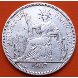 INDOCHINA 1 PIASTRA 1907 A DAMA KM.5A MONEDA DE PLATA @RARA@ Indochine Francaise 1 Piastre de Commerce Comercio