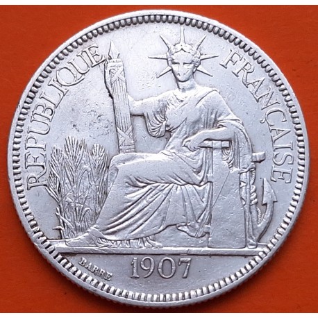 INDOCHINA 1 PIASTRA 1907 A DAMA KM.5A MONEDA DE PLATA @RARA@ Indochine Francaise 1 Piastre de Commerce Comercio