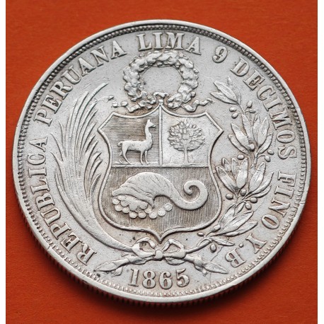 @RARA@ PERU 1 SOL 1865 Y.B. Ceca de Lima DAMA SENTADA KM.196.1 MONEDA DE PLATA República Peruana