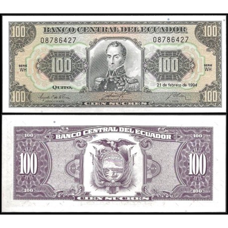 ECUADOR 100 SUCRES 1994 FEBRERO 21 ANTONIO JOSE DE SUCRE Pick 123AC BILLETE SC UNC BANKNOTE