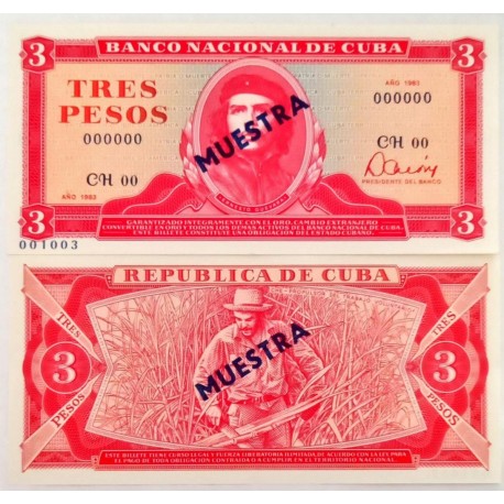 @MUESTRA DE FABRICA nº 3917 SPECIMEN@ CUBA 3 PESOS 1983 ERNESTO CHE GUEVARA Pick CS.17.C BILLETE SC UNC BANKNOTE