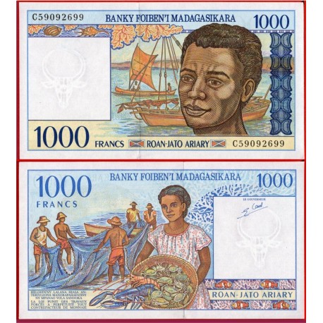 MADAGASCAR 1000 FRANCOS 1994 PESCADORES y NATIVO Pick 76.A BILLETE SC Africa UNC BANKNOTE 1000 Ariary