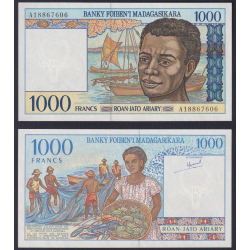 MADAGASCAR 1000 FRANCOS 1994 PESCADORES y NATIVO Pick 76.B BILLETE SC Africa UNC BANKNOTE 1000 Ariary