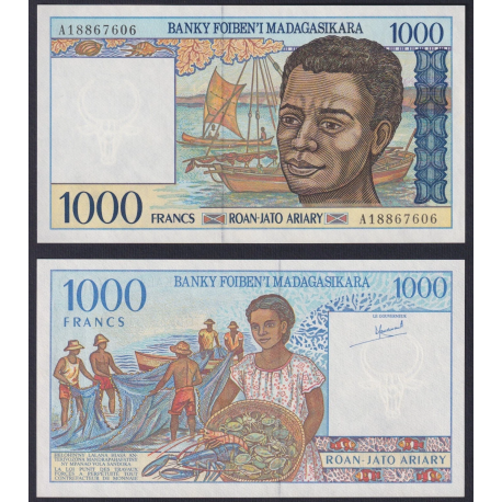MADAGASCAR 1000 FRANCOS 1994 PESCADORES y NATIVO Pick 76.B BILLETE SC Africa UNC BANKNOTE 1000 Ariary