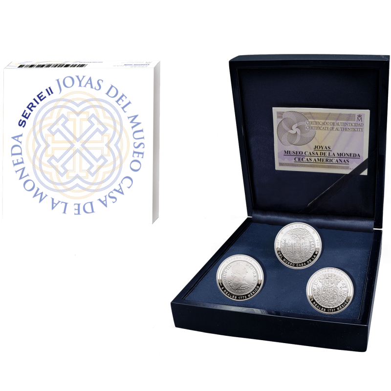. 1 aaaaaaaaacoin @ESTUCHE con 3 MONEDAS@ ESPAÑA 10 EUROS 2025 MEXICO JOYAS DEL MUSEO CASA DE LA MONEDA 8 REALES PLATA FNMT