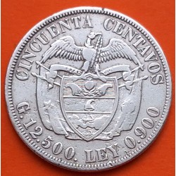 @BASE DEL "7" CURVA@ COLOMBIA 50 CENTAVOS 1917 SIMON BOLIVAR KM.193.1 MONEDA DE PLATA MBC-