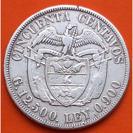 @BASE DEL "7" CURVA@ COLOMBIA 50 CENTAVOS 1917 SIMON BOLIVAR KM.193.1 MONEDA DE PLATA MBC-