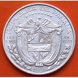 PANAMA 1/2 BALBOA 1961 BUSTO DE BALBOA KM.26 MONEDA DE PLATA EBC @ESCASA@ Medio Balboa 1961 SILVER COIN
