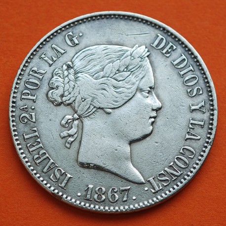 ESPAÑA Reina ISABEL II 1 ESCUDO 1867 Ceca de MADRID KM.626.1 MONEDA DE PLATA @ESCASA@ Spain silver coin