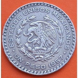 @ESCASA@ MEXICO 1 PESO 1957 BENITO JUAREZ - CONSTITUCÍON CENTENARIO KM.458 MONEDA DE PLATA MUY CIRCULADA silver coin R/1