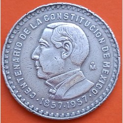 @ESCASA@ MEXICO 1 PESO 1957 BENITO JUAREZ - CONSTITUCÍON CENTENARIO KM.458 MONEDA DE PLATA MUY CIRCULADA silver coin R/1