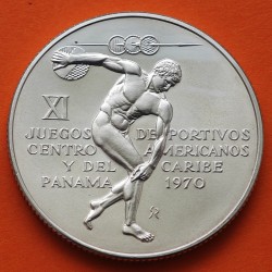 . 1,06 ONZAS de PLATA PURA x PANAMA 5 BALBOAS 1970 DISCOBOLO XI JUEGOS CENTROAMERICANOS KM.28 MONEDA DE PLATA EBC+