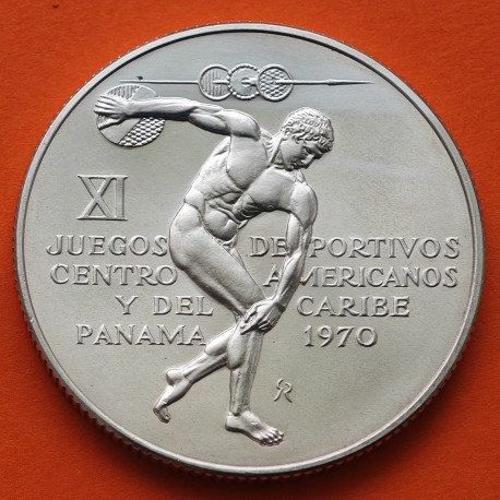 . 1,06 ONZAS de PLATA PURA x PANAMA 5 BALBOAS 1970 DISCOBOLO XI JUEGOS CENTROAMERICANOS KM.28 MONEDA DE PLATA EBC+ R/00