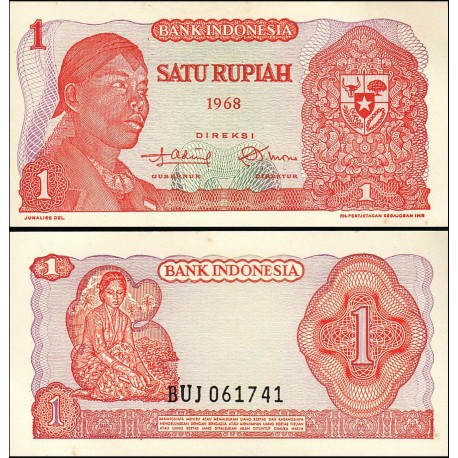INDONESIA 1 RUPIA 1968 GENERAL SURDIMAN y MUJERES Color ROJO Pick 102 BILLETE SC 1 Rupiah UNC BANKNOTE