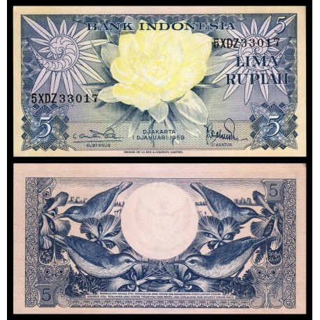 INDONESIA 5 RUPIAS 1959 FLOR y ORLA CON PAJAROS PICK 65 BILLETE SC RUPEES UNC BANKNOTE