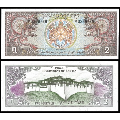 BHUTAN 2 NGULTRUM 1981 DRAGONES y TEMPLO Pick 6 BILLETE SC 2 Ngultrums UNC BANKNOTE