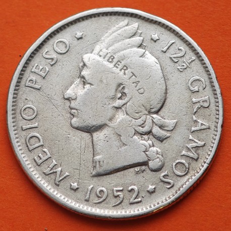 @ESCASA@ REPUBLICA DOMINICANA 1/2 PESO 1952 DAMA KM.21 MONEDA DE PLATA MBC- Dominican Republic