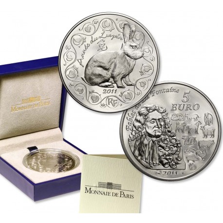 @Tirada 6.859@ FRANCIA 5 EUROS 2011 LA FONTAINE AÑO DEL CONEJO MONEDA DE PLATA SC ESTUCHE Année du LAPIN