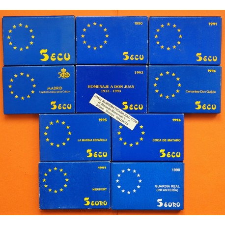 . 10 monedas x 5 ECUS 1989+1990+1991+1992+1993+1994+1995+1996 y 5 EUROS 1997+1998 PLATA ESTUCHE FNMT España