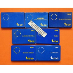 . 7 monedas x 1 ECU 1989+1992+1994+1995+1996 y 1 EURO 1997 + 1998 PLATA ESTUCHE y CERTIFICADO FNMT España