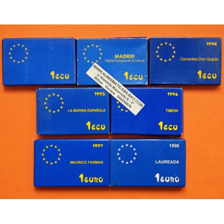 . 7 monedas x 1 ECU 1989+1992+1994+1995+1996 y 1 EURO 1997 + 1998 PLATA ESTUCHE y CERTIFICADO FNMT España