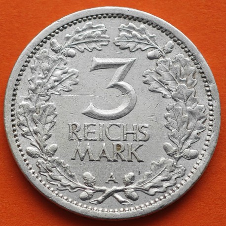 . @MUY RARA@ ALEMANIA 3 REICHMARK 1931 A AGUILA y VALOR República del Weimar KM.74 MONEDA DE PLATA MBC Germany 3 Marks