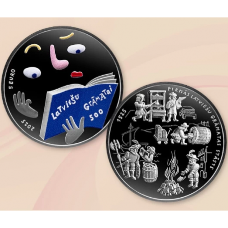. 1 aaaaaaaaaaacoin @Tirada 2.500 uds@ LETONIA 5 EUROS 2025 PRIMER LIBRO EN LETÓN MONEDA DE PLATA a COLORES ESTUCHE