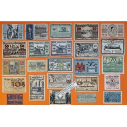 . 24 BILLETES tipo NOTGELD ALEMANIA 10 + 25 + 50 PFENNIG y HELLER 1920 Post 1ª GUERRA MUNDIAL MBC- Germany STADT