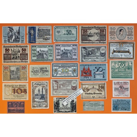 . 24 BILLETES tipo NOTGELD ALEMANIA 10 + 25 + 50 PFENNIG y HELLER 1920 Post 1ª GUERRA MUNDIAL MBC- Germany STADT