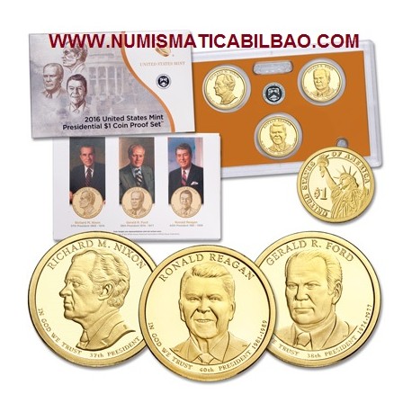 . 2016 UNITED STATES MINT PRESIDENTIAL $1 COIN PROOF SET ESTADOS UNIDOS Estuche 3 Monedas 1 DOLAR 2016 PRESIDENTES