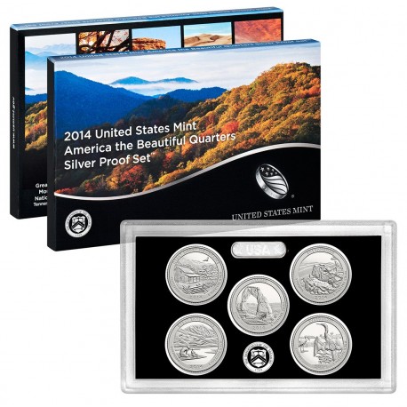 . 2014 UNITED STATES MINT SILVER PROOF SET 5 Coins ESTADOS UNIDOS 25 CENTAVOS 2014 PLATA Beautiful Quarters