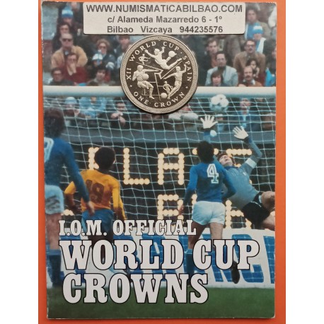 ISLA DE MAN 1 CORONA 1982 TRIO GOAL MUNDIAL DE FUTBOL ESPAÑA 82 BLISTER KM.93A MONEDA DE NICKEL SC Crown Isle