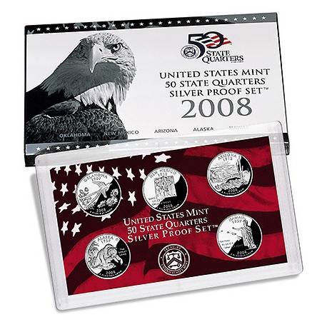 . 2008 UNITED STATES SILVER PROOF SET 50 STATEHOOD QUARTERS 5 monedas ESTADOS UNIDOS 25 CENTAVOS 2008 S 1/4 DOLAR