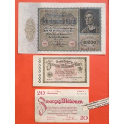. 6 billetes x ALEMANIA 1000 + 10000 MARCOS y 20 MILLONES + 100 MILLONES DE MARCOS 1923 1922 1910 WEIMAR Reichsmark MBC-/MBC-